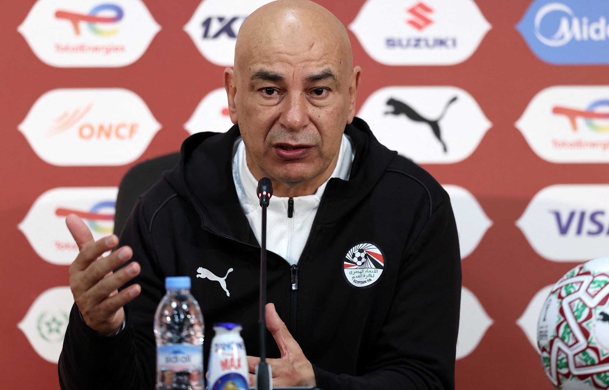 Egypt's head coach Hossam Hassan gives a press conference at the Agadir Grand Stadium on January 4, 2026, on the eve of the Africa Cup of Nations (CAN) round of 16 football match between Egypt and Benin. (Photo by FRANCK FIFE / AFP)